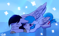 Size: 4000x2445 | Tagged: safe, artist:cottonheart05, oc, oc:cotton heart, butterfly, hippogriff, pegasus, pony, depressed, female, here comes a thought, male, oc x oc, sad, shipping, steven universe, support, text