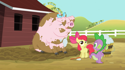 Size: 1280x720 | Tagged: safe, screencap, apple bloom, spike, dragon, earth pony, pig, pony, g4, spike at your service, brush, bucket, cloven hooves, female, filly, foal, male, mud, muddy, pigsty, trio