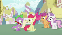Size: 993x559 | Tagged: safe, screencap, apple bloom, scootaloo, spike, sweetie belle, dragon, earth pony, pegasus, pony, unicorn, g4, the cutie pox, bow, cutie mark crusaders, female, filly, ponyville, quill, scroll, sitting