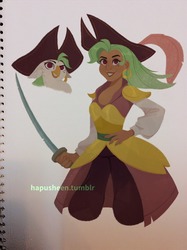 Size: 1120x1500 | Tagged: safe, artist:hapusheen, captain celaeno, human, parrot pirates, anthro, g4, my little pony: the movie, beauty mark, dark skin, ear piercing, earring, female, grin, hand on hip, hat, humanized, jewelry, looking at you, moderate dark skin, piercing, pirate, pirate hat, smiling, solo, sword, weapon