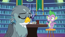 Size: 1280x720 | Tagged: safe, screencap, gabby, rarity, spike, dragon, griffon, dragon dropped, g4, claws, eyes closed, female, library, male, offscreen character, sad, tail, twilight's castle, twilight's castle library, winged spike, wings