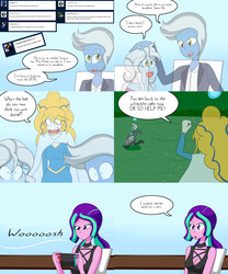 Size: 2000x2400 | Tagged: safe, artist:jake heritagu, aria blaze, oc, oc:calando mist, oc:holy word, oc:silent hill, ghost, comic:aria's archives, equestria girls, g4, chair, clothes, comic, cousins, dazzling, dialogue, female, high res, jack the ripper, male, nintendo switch, offspring, parent:adagio dazzle, parent:sonata dusk, parents:canon x oc, speech bubble, table