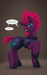 Size: 1250x2000 | Tagged: safe, artist:runningtoaster, tempest shadow, pony, unicorn, g4, my little pony: the movie, armor, broken horn, evil smile, eye scar, female, grin, horn, mare, patreon, patreon reward, raised hoof, scar, silly little ponies, smiling, solo, speech bubble, talking to viewer
