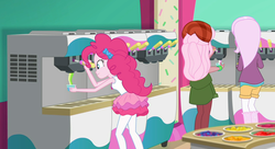 Size: 1756x956 | Tagged: safe, screencap, fleur-de-lis, pinkie pie, raspberry lilac, human, equestria girls, g4, my little pony equestria girls: choose your own ending, tip toppings, bandana, clothes, cropped, cup, cute, diapinkes, female, food, froyo, frozen yogurt, frozen yogurt machine, frozen yogurt shop, geode of sugar bombs, kneesocks, magical geodes, pantyhose, pink hair, rah rah skirt, shorts, skirt, socks, toppings, trio, trio female