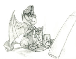 Size: 1400x1088 | Tagged: safe, artist:baron engel, oc, oc only, oc:bass amperage, bat pony, pony, apron, bat pony oc, boots, clothes, glasses, grayscale, male, monochrome, pencil drawing, shoes, simple background, sitting, sketch, solo, stallion, traditional art, welder, welding mask, white background