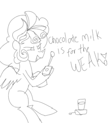 Size: 894x1000 | Tagged: safe, artist:treble clefé, cozy glow, pegasus, pony, g4, bomb, chocolate, chocolate milk, evil, explosives, female, filly, milk, missing cutie mark, no tail, pure concentrated unfiltered evil of the utmost potency, pure unfiltered evil, sitting, solo, weapon, writing