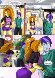 Size: 2480x3507 | Tagged: safe, artist:rambon7, adagio dazzle, oc, equestria girls, g4, adoragio, arm boob squeeze, arm grab, ass, belly button, blushing, boots, booty shorts, breasts, busty adagio dazzle, butt, canon x oc, cheek kiss, clothes, comic, commission, crossed arms, cute, female, hair tie, high res, jacket, kissing, male, midriff, shoes, shorts, spikes, straight, surprise kiss, thigh boots, thighs, tsundagio, tsundere