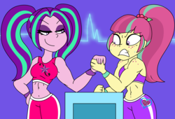 Size: 1410x960 | Tagged: safe, artist:purfectprincessgirl, aria blaze, sour sweet, equestria girls, g4, aria brute, aria buff, arm wrestling, clothes, female, gritted teeth, muscles, smiling, sour swole, sports bra, sweat