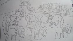 Size: 5312x2992 | Tagged: safe, artist:徐詩珮, fizzlepop berrytwist, glitter drops, grubber, spring rain, tempest shadow, oc, oc:betty pop, oc:fire shadow, oc:spring legrt, oc:storm lightning, pony, unicorn, g4, my little pony: the movie, ball, broken horn, female, filly, half-siblings, horn, lesbian, lineart, magical lesbian spawn, mare, mother and daughter, next generation, offspring, parent:glitter drops, parent:spring rain, parent:stygian, parent:tempest shadow, parents:glittershadow, parents:springdrops, parents:springshadow, parents:springshadowdrops, parents:tempgian, polyamory, ship:glittershadow, ship:springdrops, ship:springshadow, ship:springshadowdrops, shipping, siblings, sisters, sleeping, teenager, traditional art
