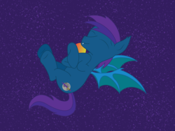 Size: 1032x774 | Tagged: safe, artist:tikibat, oc, oc only, oc:stardust, oc:stardust(cosmiceclipse), bat pony, pony, bat pony oc, bat wings, cutie mark, ear fluff, fangs, floating, flying, food, happy, male, mango, membranous wings, purple background, relaxing, simple background, smiling, solo, stallion, vector, vector trace, wings