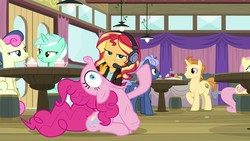 Size: 1920x1080 | Tagged: safe, edit, edited screencap, screencap, bon bon, fluttershy, golden crust, lyra heartstrings, midnight snack (g4), pinkie pie, sunset shimmer, sweetie drops, earth pony, pony, unicorn, a trivial pursuit, equestria girls, g4, game stream, spoiler:eqg series (season 2), balloonbutt, butt, clothes, female, fetish, friendship student, male, mare, pinkie pred, plot, stallion, story in the comments, sunprey, vore, wat