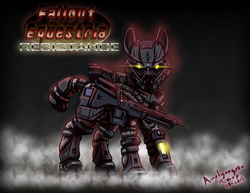 Size: 2786x2153 | Tagged: safe, artist:amalgamzaku, oc, oc only, earth pony, pony, fallout equestria, abstract background, armor, fallout equestria: resistance, fanfic, fanfic art, fanfic cover, glowing eyes, gun, high res, hooves, looking at you, power armor, solo, steel ranger, weapon