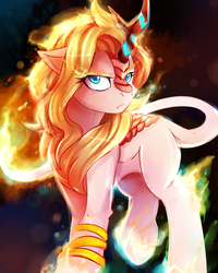 Size: 1000x1250 | Tagged: safe, artist:lostdreamm, kirin, angry eyes, bracelet, fire, frown, glowing horn, horn, jewelry, mid-transformation, solo