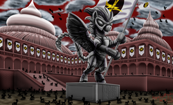Size: 3143x1908 | Tagged: safe, artist:amalgamzaku, pegasus, pony, fallout equestria, architecture, armor, augmented tail, banner, building, capitol, commission, dome, enclave, fanfic art, flag, grand pegasus enclave, helmet, hoof hold, lore, nazi symbolism, power armor, spread wings, statue, wings, worldbuilding