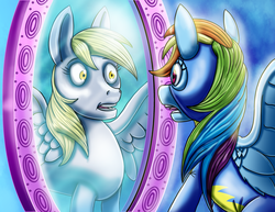 Size: 2786x2153 | Tagged: safe, artist:amalgamzaku, derpy hooves, rainbow dash, pegasus, pony, g4, clothes, commission, duality, female, high res, looking at each other, mare, mirror, shocked, spread wings, uniform, wings, wonderbolts uniform