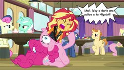 Size: 1920x1080 | Tagged: safe, edit, edited screencap, screencap, bon bon, fluttershy, golden crust, lyra heartstrings, midnight snack (g4), pinkie pie, sunset shimmer, sweetie drops, earth pony, pony, unicorn, a trivial pursuit, equestria girls, g4, my little pony equestria girls: better together, balloonbutt, butt, clothes, dialogue, female, friendship student, male, mare, pinkie pred, plot, simpsons did it, spanish, stallion, sunprey, the simpsons, vore, wat
