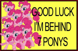 Size: 680x448 | Tagged: safe, pinkie pie, earth pony, pony, g4, artifact, good luck i'm behind 7 proxies, meme, multeity, simple background, stock vector, too much pink energy is dangerous, yellow background