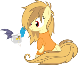 Size: 1613x1345 | Tagged: safe, artist:zacatron94, discord, oc, oc:alice goldenfeather, pegasus, pony, g4, bed hair, clothes, coffee mug, female, mare, mug, shirt, simple background, transparent background
