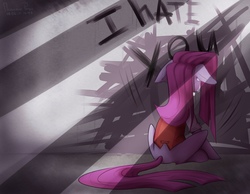 Size: 2560x1991 | Tagged: safe, artist:penek-hemp-grove, pinkie pie, earth pony, pony, g4, clothes, crepuscular rays, crying, dr jekyll and mr hyde, female, floppy ears, i hate you, mare, pinkamena diane pie, rear view, sitting, solo, wall writing