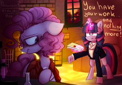 Size: 2000x1400 | Tagged: safe, artist:penek-hemp-grove, pinkie pie, twilight sparkle, earth pony, pony, unicorn, g4, bags under eyes, clothes, crossover, dr jekyll and mr hyde, dr pinkie and miss pie, duo, eye clipping through hair, female, glowing horn, horn, jacket, letter, magic, mare, mr. gabriel john utterson, raised hoof, song reference, telekinesis, unicorn twilight, vial, window