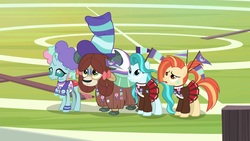 Size: 1920x1080 | Tagged: safe, screencap, lighthoof, ocellus, shimmy shake, yona, changedling, changeling, pony, yak, 2 4 6 greaaat, g4, clothes, flag, hat, pleated skirt, ponytail, skirt