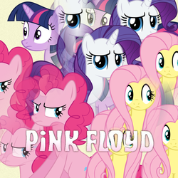 Size: 688x688 | Tagged: safe, artist:kawshee, fluttershy, pinkie pie, rarity, twilight sparkle, pony, g4, album cover, hipgnosis, looking sideways, pink floyd, ponified, ponified album cover, rock (music), the piper at the gates of dawn