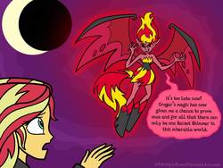 Size: 1032x774 | Tagged: safe, artist:melspyrose, sunset shimmer, equestria girls, g4, flying, looking down, looking up, moon, night, open mouth, sunset satan, wings