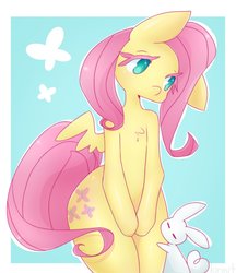 Size: 800x925 | Tagged: safe, artist:kirinit, angel bunny, fluttershy, butterfly, pegasus, pony, rabbit, semi-anthro, animal, chest fluff, cute, duo, female, hug, looking away, looking sideways, male, mare, simple background, standing, wings