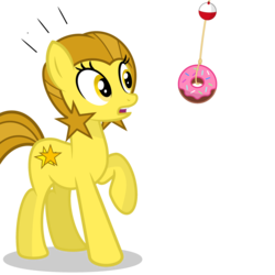 Size: 2500x2500 | Tagged: safe, artist:pizzamovies, oc, oc only, oc:golden star, earth pony, pony, donut, female, food, golden star loves donuts, high res, mare, open mouth, raised hoof, rope, simple background, solo, transparent background