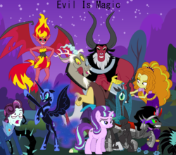 Size: 539x475 | Tagged: artist needed, safe, adagio dazzle, discord, king sombra, nightmare moon, principal abacus cinch, queen chrysalis, starlight glimmer, sunset shimmer, alicorn, equestria girls, g4, black vine, evil, flying, looking at you, looking down, looking up, night, s5 starlight, stock vector, sunset satan, wings