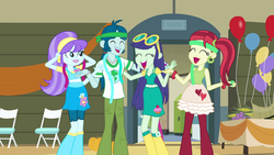 Size: 1920x1080 | Tagged: safe, screencap, aqua blossom, blueberry cake, captain planet, rose heart, human, equestria girls, g4, my little pony equestria girls, animation error, aqua blossom's stealth third arm, background human, balloon, canterlot high, clothes, cutie mark, cutie mark on clothes, eyes closed, female, gym, laughing, male, pants, time to come together