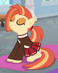 Size: 597x754 | Tagged: safe, screencap, shimmy shake, earth pony, pony, 2 4 6 greaaat, g4, cheerleader, cheerleader outfit, clothes, cropped, cute, eyes closed, female, mare, pleated skirt, ponytail, sitting, skirt, solo