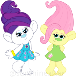 Size: 507x513 | Tagged: safe, artist:tealbull81, part of a set, fluttershy, rarity, troll (fantasy), equestria girls, equestria girls series, g4, duo, glitter troll, part of a series, species swap, trollified, trolls