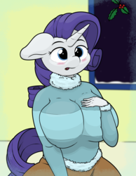 Size: 2527x3249 | Tagged: safe, artist:ljdamz1119, rarity, unicorn, anthro, g4, big breasts, blushing, breasts, busty rarity, clothes, female, high res, holly, holly mistaken for mistletoe, huge breasts, mare, solo, sweater, sweater puppies