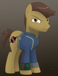 Size: 1294x1699 | Tagged: safe, artist:g4z3, oc, oc only, oc:shield inv, pony, fallout equestria, brown eyes, brown mane, clothes, commission, cutie mark, fanfic, fanfic art, hooves, jacket, jumpsuit, male, pipbuck, solo, stallion, vault suit