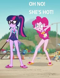 Size: 554x714 | Tagged: safe, edit, edited screencap, screencap, pinkie pie, sci-twi, twilight sparkle, equestria girls, friendship math, g4, my little pony equestria girls: better together, beach, clothes, feet, female, geode of sugar bombs, geode of telekinesis, lesbian, magical geodes, oh no he's hot, sandals, ship:twinkie, shipping, spongebob squarepants, squilliam returns, swimsuit