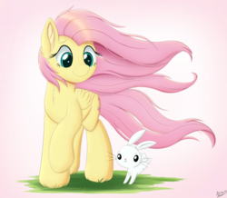 Size: 4500x3927 | Tagged: safe, artist:arcane-thunder, angel bunny, fluttershy, pegasus, pony, g4, absurd resolution, cheek fluff, chest fluff, cute, duo, ear fluff, female, folded wings, grass, male, mare, raised hoof, shyabetes, simple background, smiling, windswept mane, wings