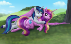 Size: 3300x2052 | Tagged: safe, artist:greenbrothersart, princess cadance, shining armor, alicorn, pony, unicorn, g4, anatomically incorrect, bare hooves, butt, cuddling, eye contact, female, grass, gray background, high res, hug, husband and wife, incorrect leg anatomy, looking at each other, lovebutt, male, mare, married couple, missing accessory, open mouth, outdoors, plot, prone, ship:shiningcadance, shipping, simple background, smiling, spread wings, stallion, straight, tree, underhoof, winghug, wings