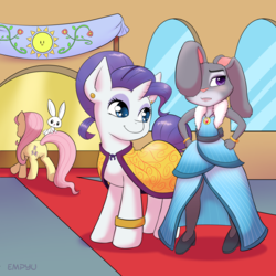 Size: 1000x1000 | Tagged: safe, artist:empyu, angel bunny, fluttershy, rarity, pegasus, pony, rabbit, unicorn, g4, animal, clothes, crossover, dress, female, furry, judy hopps, male, mare, smiling, tomboy taming, zootopia