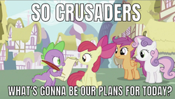 Size: 638x361 | Tagged: safe, edit, edited screencap, editor:undeadponysoldier, screencap, apple bloom, scootaloo, spike, sweetie belle, dragon, earth pony, pegasus, pony, unicorn, g4, the cutie pox, best friends, cutie mark crusaders, female, filly, hanging out, male, quill, scroll, to-do list