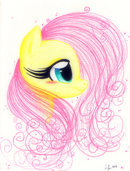 Size: 574x756 | Tagged: safe, artist:prettypinkpony, fluttershy, pegasus, pony, g4, beautiful, blushing, bust, colored pencil drawing, cute, daaaaaaaaaaaw, eyelashes, female, long eyelashes, mare, portrait, profile, shyabetes, simple background, smiling, solo, swirls, traditional art, white background