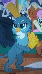 Size: 2560x1440 | Tagged: safe, screencap, gabby, griffon, g4, the fault in our cutie marks, baseball bat, picture of a screen, solo focus