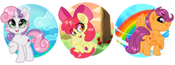 Size: 5983x2247 | Tagged: safe, artist:annakitsun3, apple bloom, scootaloo, sweetie belle, earth pony, pony, g4, cute, cutie mark crusaders, female, filly, simple background, smiling, transparent background