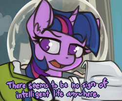 Size: 1117x928 | Tagged: safe, artist:marsminer, twilight sparkle, pony, g4, buzz lightyear, dialogue, female, male, mare, meme, no intelligent life, reaction image, solo, spacesuit, toy story, truth