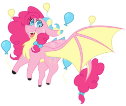 Size: 1900x1600 | Tagged: safe, artist:1joshlerr, pinkie pie, dragon, g4, balloon, bow, chest fluff, cutie mark, cutie mark on dragon, dragonified, female, hair bow, looking at you, open mouth, pinkiedragon, simple background, slit pupils, smiling, solo, species swap, spread wings, tail bow, transparent background, vector, wings