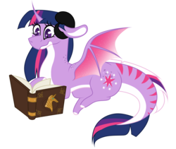Size: 1900x1600 | Tagged: safe, artist:1joshlerr, twilight sparkle, dragon, g4, book, cutie mark, cutie mark on dragon, dragonified, female, horn, looking down, prone, reading, simple background, slit pupils, smiling, solo, species swap, spread wings, transparent background, twilidragon, vector, wings
