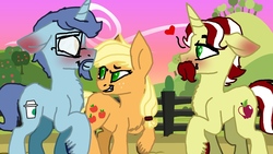Size: 1200x675 | Tagged: safe, artist:primstreak97, applejack, cuppa joe, flam, pony, g4, base used, blushing, blushing profusely, colored hooves, ear blush, facial hair, gay, glasses, heart, male, shipping, sweet apple acres