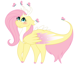 Size: 2000x1700 | Tagged: safe, artist:1joshlerr, fluttershy, butterfly, dragon, g4, antlers, blushing, colored wings, colored wingtips, dragonified, female, flutterdragon, looking up, pale belly, simple background, smiling, solo, sparkly wings, species swap, transparent background, vector