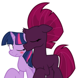 Size: 4535x4568 | Tagged: safe, artist:ejlightning007arts, fizzlepop berrytwist, tempest shadow, twilight sparkle, pony, unicorn, g4, blushing, cheek kiss, confused, cute, duo, eyes closed, female, kissing, lesbian, mare, one eye closed, raised hoof, ship:tempestlight, shipping, simple background, transparent background, vector