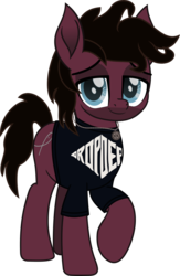 Size: 597x916 | Tagged: safe, artist:lightningbolt, derpibooru exclusive, pony, g4, .svg available, bring me the horizon, clothes, colored pupils, disguised seapony, drop dead clothing, facial hair, jewelry, jordan fish, lidded eyes, looking at you, male, movie accurate, necklace, ponified, raised hoof, shirt, simple background, smiling, solo, stallion, standing, svg, t-shirt, transparent background, vector
